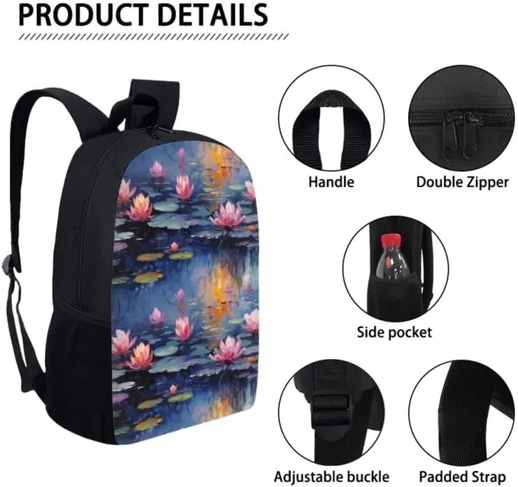 Lotus Monet Retro Pattern Book Bags for School Girls Backpack Set Waterlily Oil Painting 3 PCS/Cute Lunchbox Small Lunch Bag/Teenager Pencil Case Kids