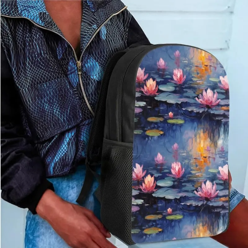 Lotus Monet Retro Pattern Book Bags for School Girls Backpack Set Waterlily Oil Painting 3 PCS/Cute Lunchbox Small Lunch Bag/Teenager Pencil Case Kids