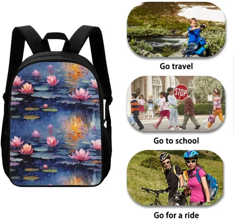 Lotus Monet Retro Pattern Book Bags for School Girls Backpack Set Waterlily Oil Painting 3 PCS/Cute Lunchbox Small Lunch Bag/Teenager Pencil Case Kids