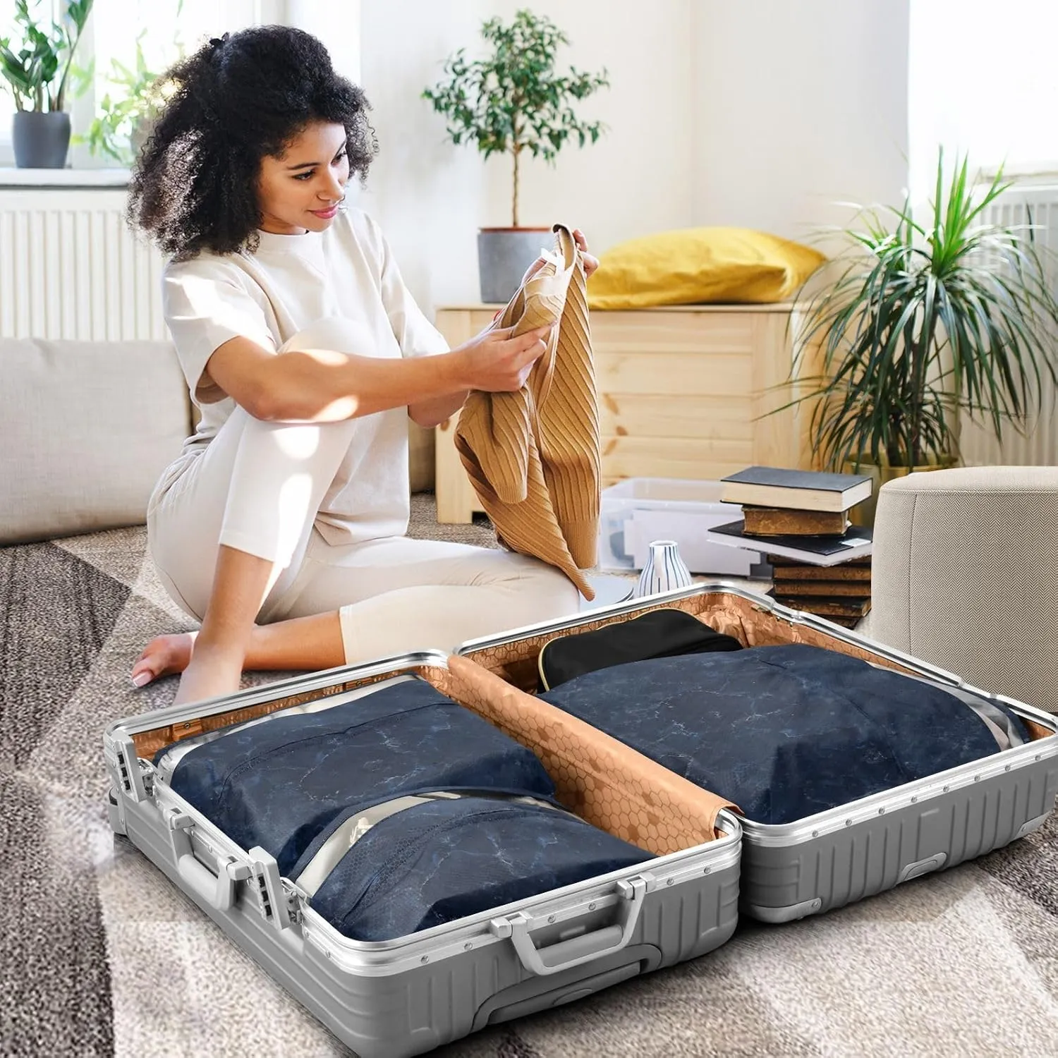 Luggage Space Saver, Luggages Management Personnel, Dark Blue Marble, With Zipper, 3 Set Travel Packing Cubes For Suitcases, Garment Bag Closet Storage