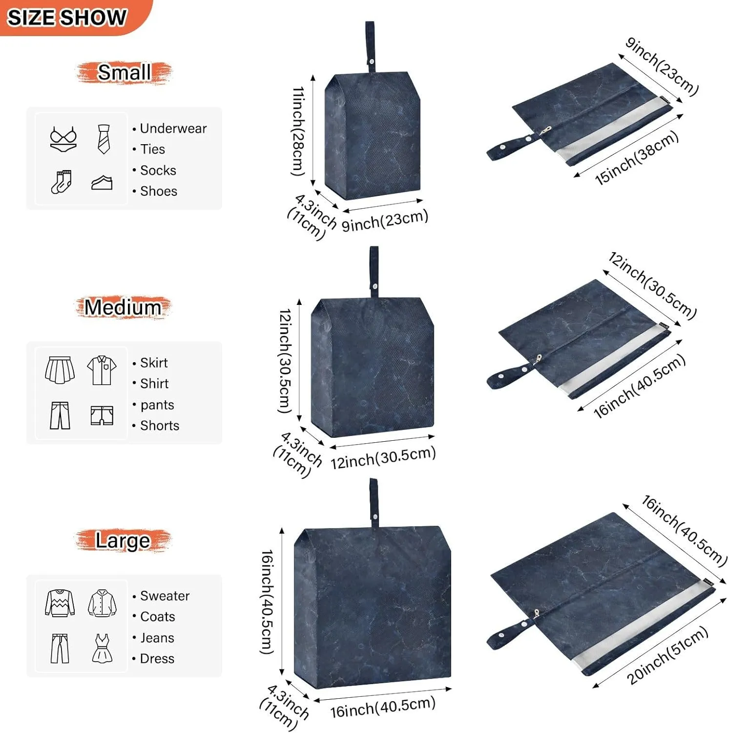 Luggage Space Saver, Luggages Management Personnel, Dark Blue Marble, With Zipper, 3 Set Travel Packing Cubes For Suitcases, Garment Bag Closet Storage