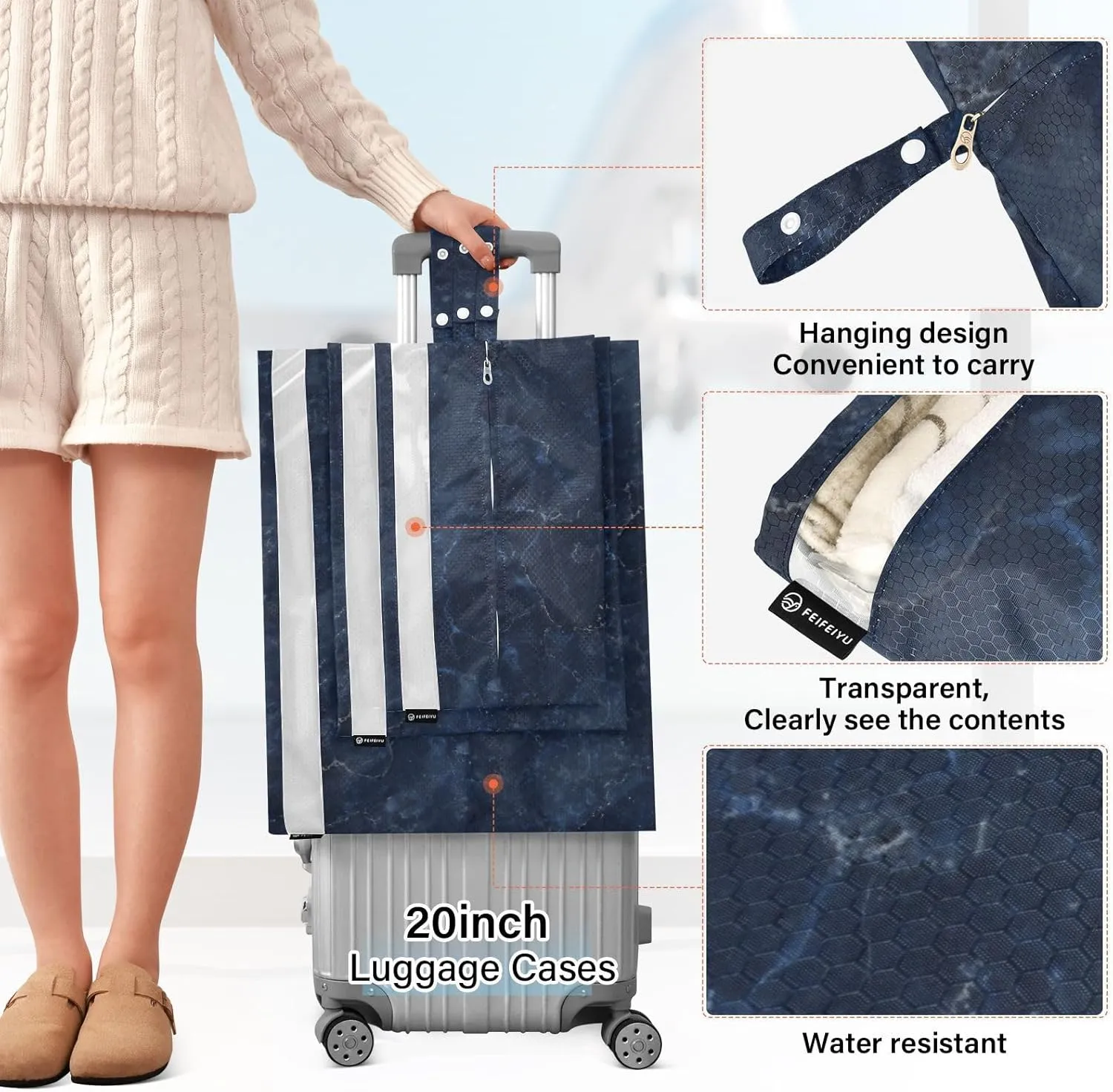 Luggage Space Saver, Luggages Management Personnel, Dark Blue Marble, With Zipper, 3 Set Travel Packing Cubes For Suitcases, Garment Bag Closet Storage