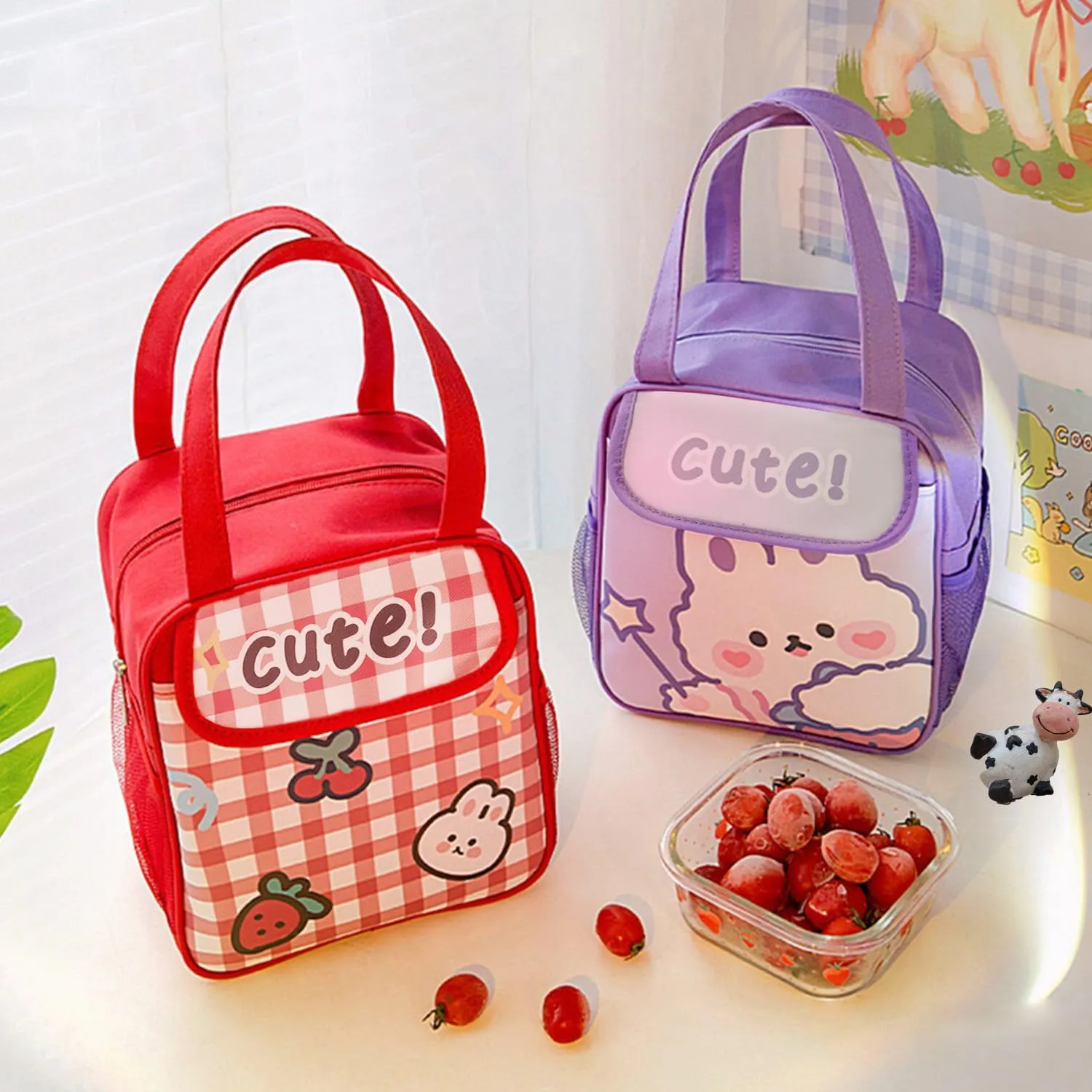 Lunch Bag for Girls Cartoon Women Lunch Box with Keychain Triple Insulation Handbag Portable Anime Picnic Warm Cool Miscellaneous Storage Bags (Cute Red)