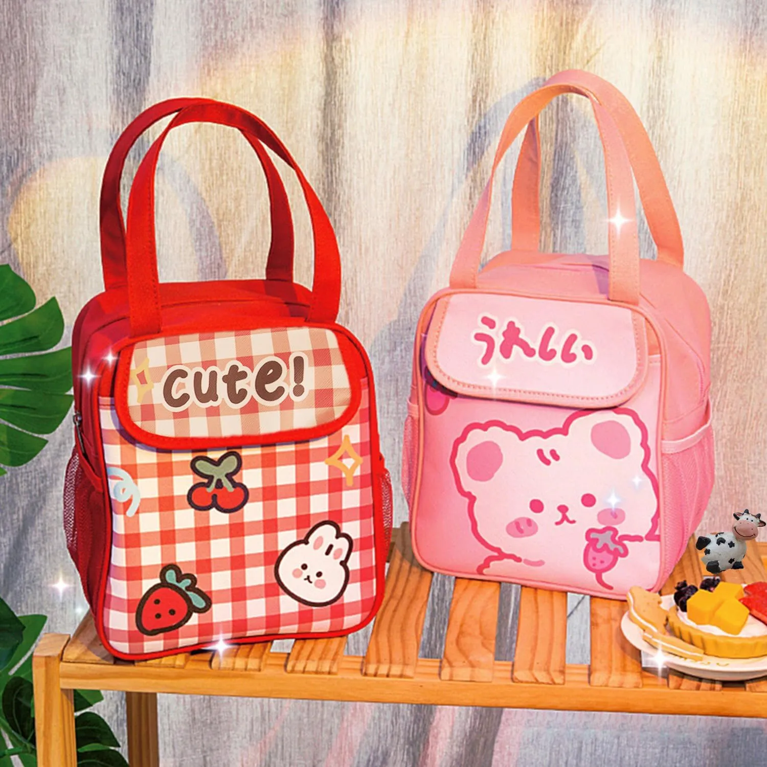 Lunch Bag for Girls Cartoon Women Lunch Box with Keychain Triple Insulation Handbag Portable Anime Picnic Warm Cool Miscellaneous Storage Bags (Cute Red)