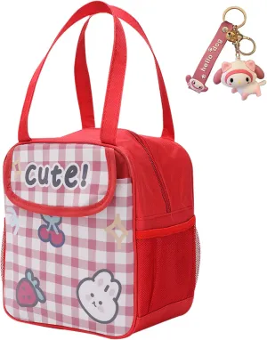 Lunch Bag for Girls Cartoon Women Lunch Box with Keychain Triple Insulation Handbag Portable Anime Picnic Warm Cool Miscellaneous Storage Bags (Cute Red)