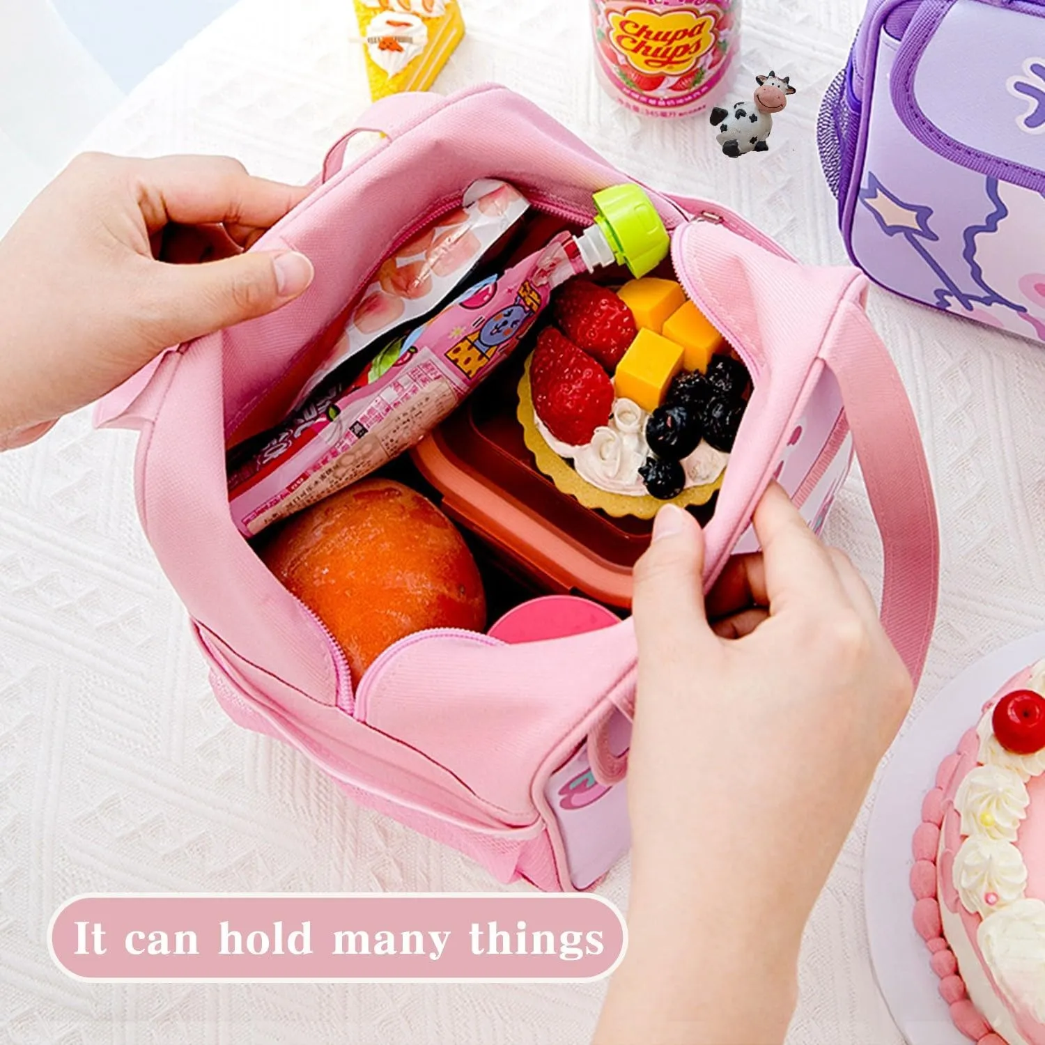 Lunch Bag for Girls Cartoon Women Lunch Box with Keychain Triple Insulation Handbag Portable Anime Picnic Warm Cool Miscellaneous Storage Bags (Cute Red)