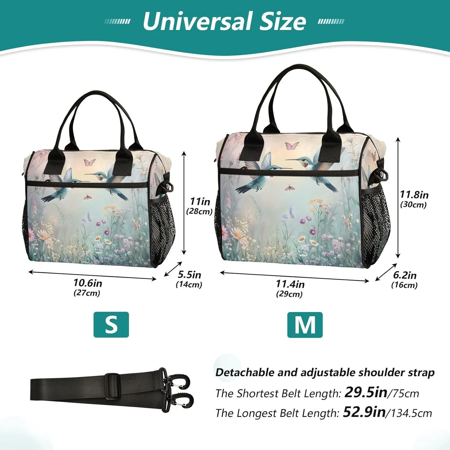Lunch Bag Insulated Reusable Hummingbirds Lunch Box,Leakproof Insulated Cooler with Adjustable Shoulder Strap for Women Men