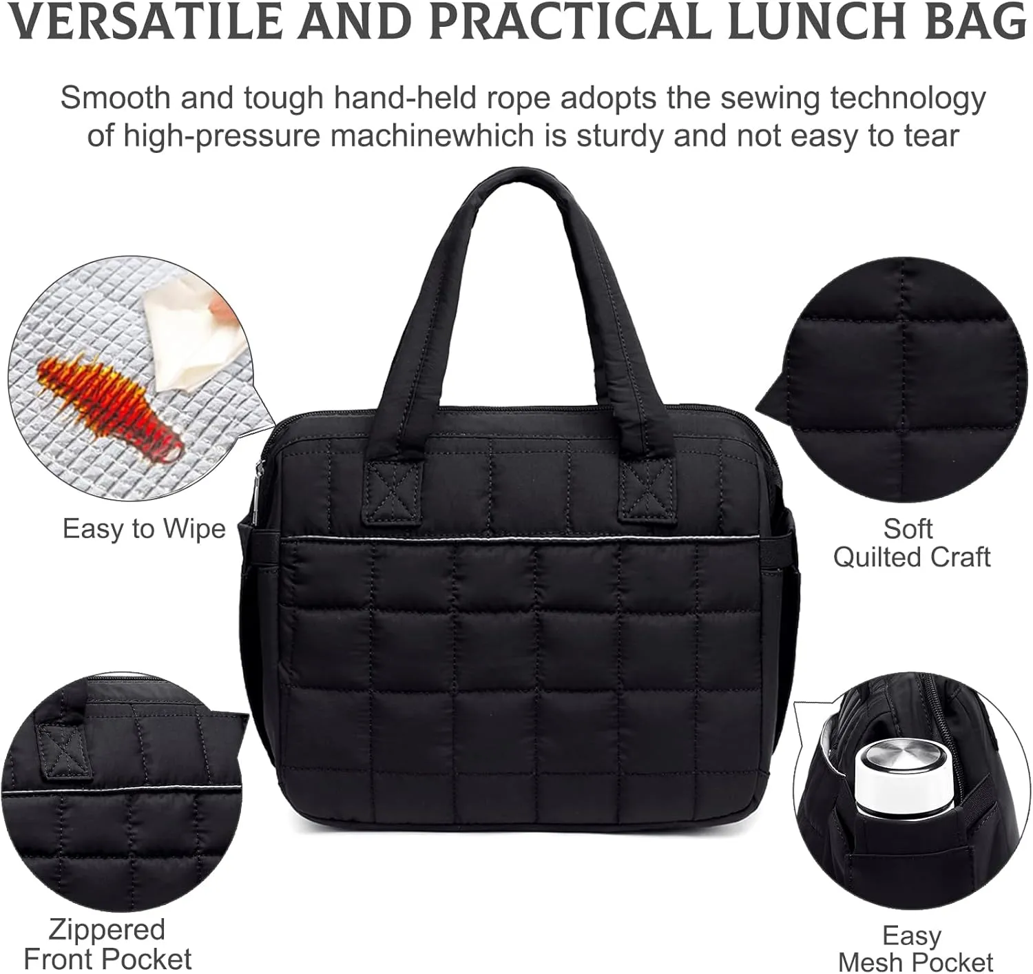 Lunch Bag Women Insulated Lunch Box Large Cooler Lunchbox Tote Bags Adult Reusable Boxes for Ladies Work Picnic School Beach (Quilted-Black)