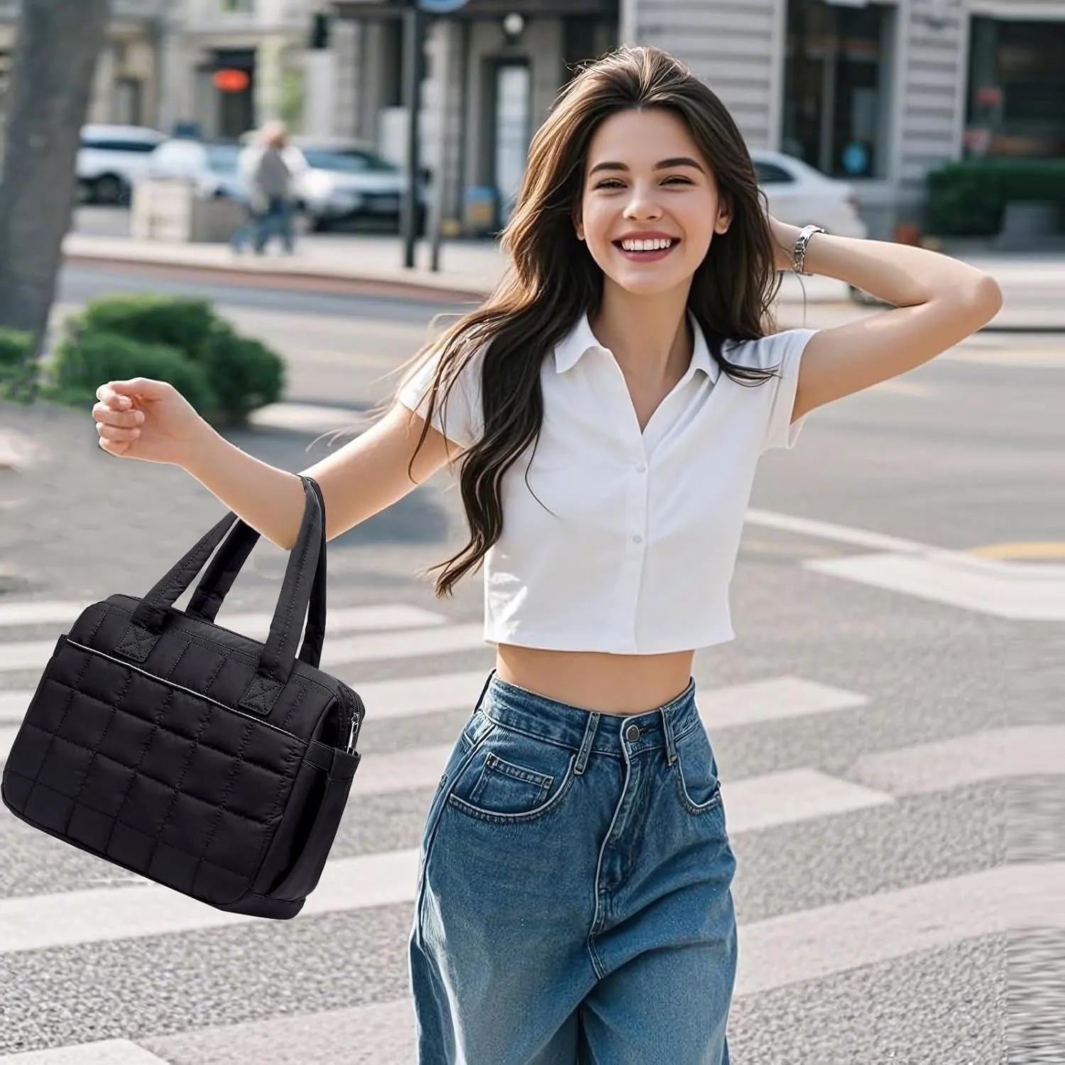 Lunch Bag Women Insulated Lunch Box Large Cooler Lunchbox Tote Bags Adult Reusable Boxes for Ladies Work Picnic School Beach (Quilted-Black)
