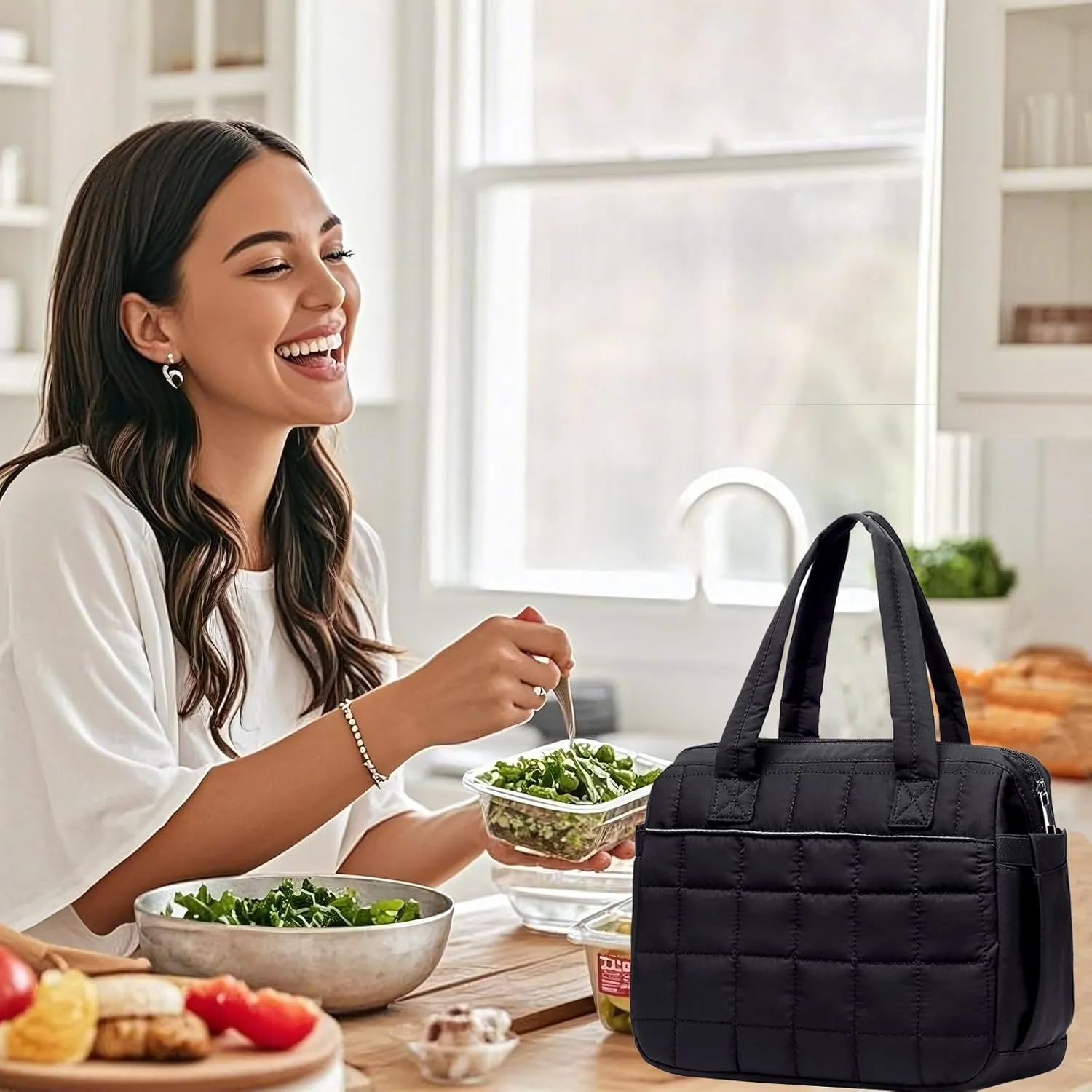 Lunch Bag Women Insulated Lunch Box Large Cooler Lunchbox Tote Bags Adult Reusable Boxes for Ladies Work Picnic School Beach (Quilted-Black)