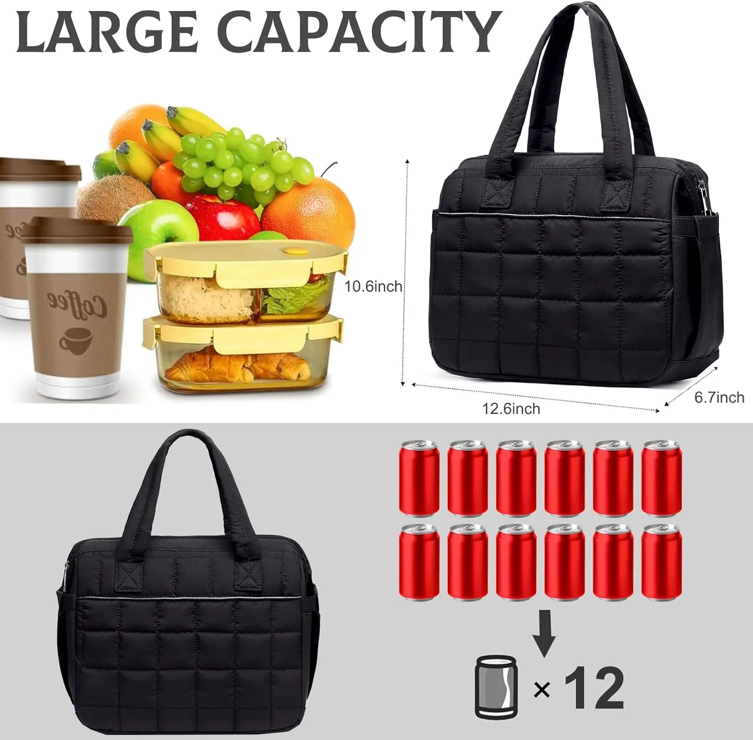 Lunch Bag Women Insulated Lunch Box Large Cooler Lunchbox Tote Bags Adult Reusable Boxes for Ladies Work Picnic School Beach (Quilted-Black)