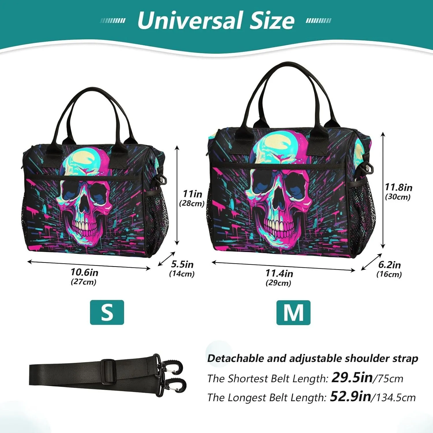 Lunch Bags Acid Skull Insulated Reusable Lunch Box Large Leakproof Adult Lunch Cooler Bag with Adjustable Shoulder Strap for Picnic, Work, Camping,Medium