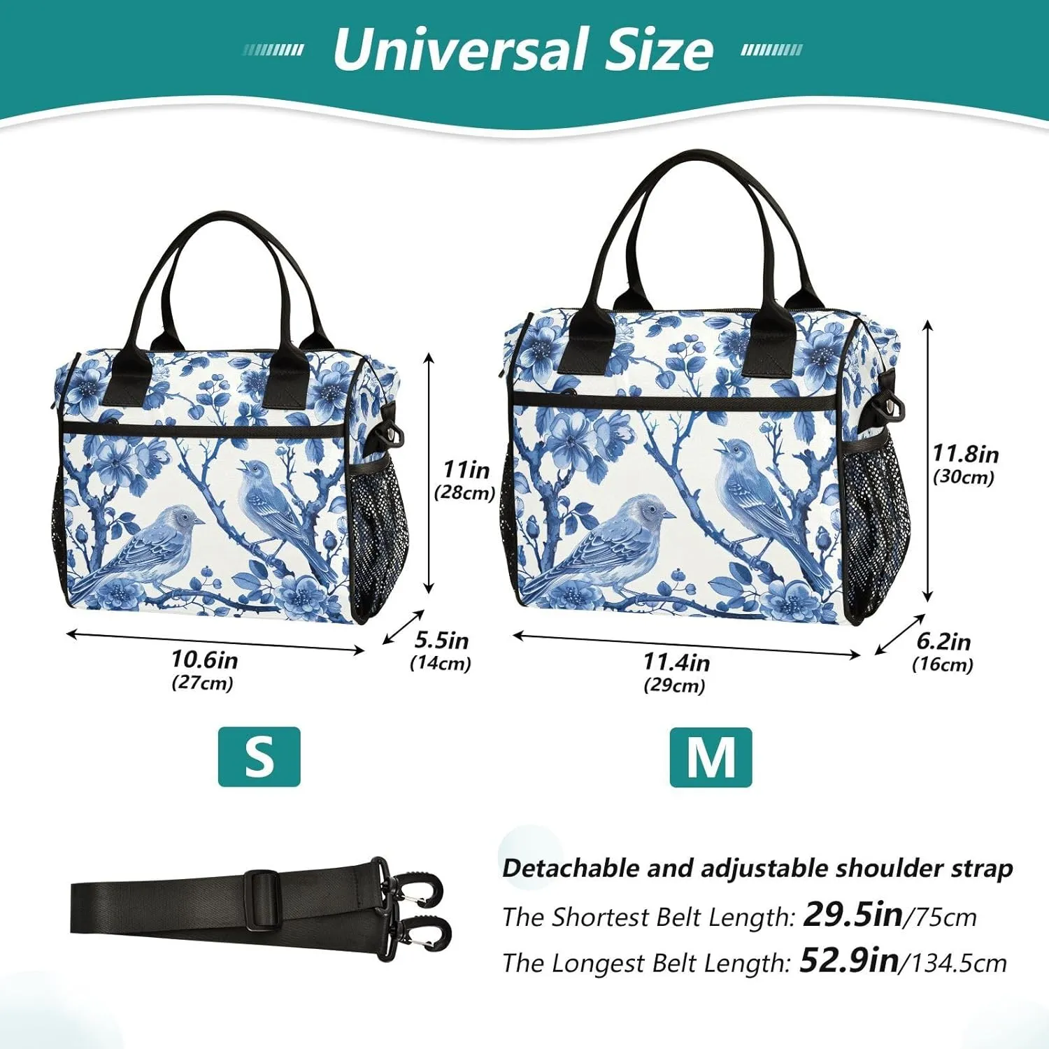 Lunch Bags Blue White Porcelain Pattern Insulated Reusable Lunch Box Large Leakproof Adult Lunch Cooler Bag with Adjustable Shoulder Strap for Picnic, Work, Camping,Medium
