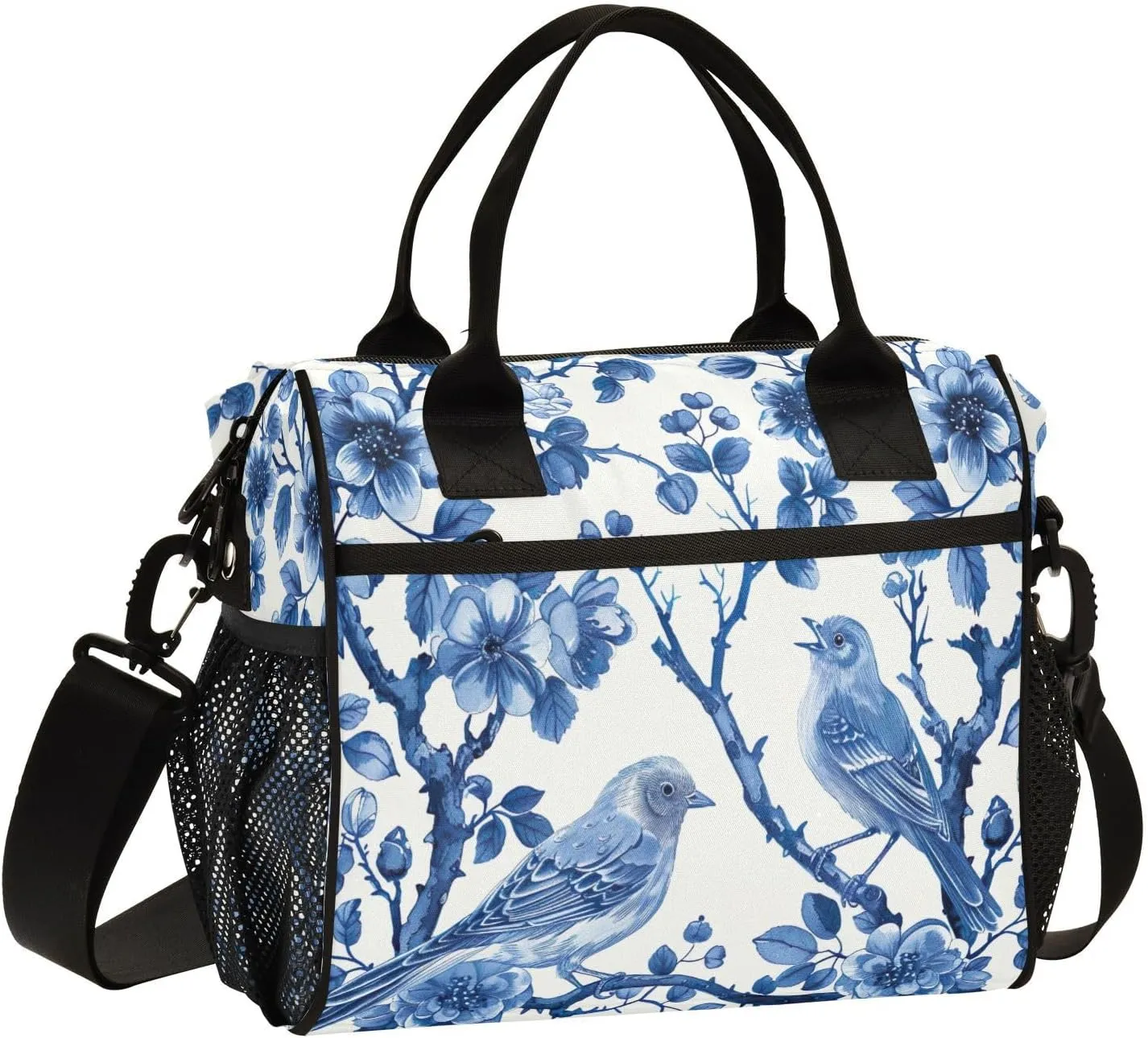 Lunch Bags Blue White Porcelain Pattern Insulated Reusable Lunch Box Large Leakproof Adult Lunch Cooler Bag with Adjustable Shoulder Strap for Picnic, Work, Camping,Medium