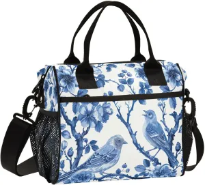 Lunch Bags Blue White Porcelain Pattern Insulated Reusable Lunch Box Large Leakproof Adult Lunch Cooler Bag with Adjustable Shoulder Strap for Picnic, Work, Camping,Medium
