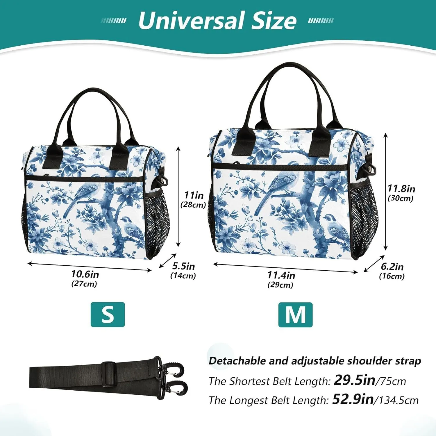 Lunch Bags Blue White Porcelain Pattern Insulated Reusable Lunch Box Large Leakproof Adult Lunch Cooler Bag with Adjustable Shoulder Strap for Picnic, Work, Camping,Small