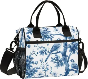 Lunch Bags Blue White Porcelain Pattern Insulated Reusable Lunch Box Large Leakproof Adult Lunch Cooler Bag with Adjustable Shoulder Strap for Picnic, Work, Camping,Small