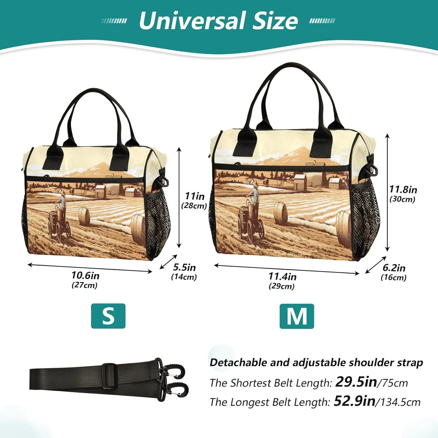 Lunch Bags Farmland Insulated Reusable Lunch Box Large Leakproof Adult Lunch Cooler Bag with Adjustable Shoulder Strap for Picnic, Work, Camping,Medium