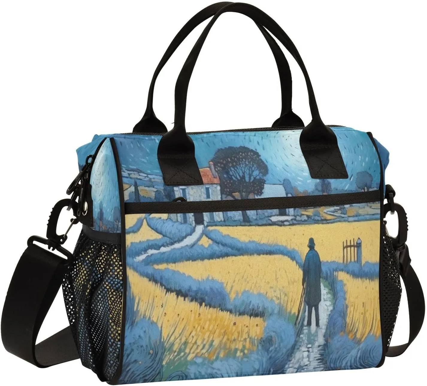 Lunch Bags Farmland Painting Insulated Reusable Lunch Box Large Leakproof Adult Lunch Cooler Bag with Adjustable Shoulder Strap for Picnic, Work, Camping,Medium