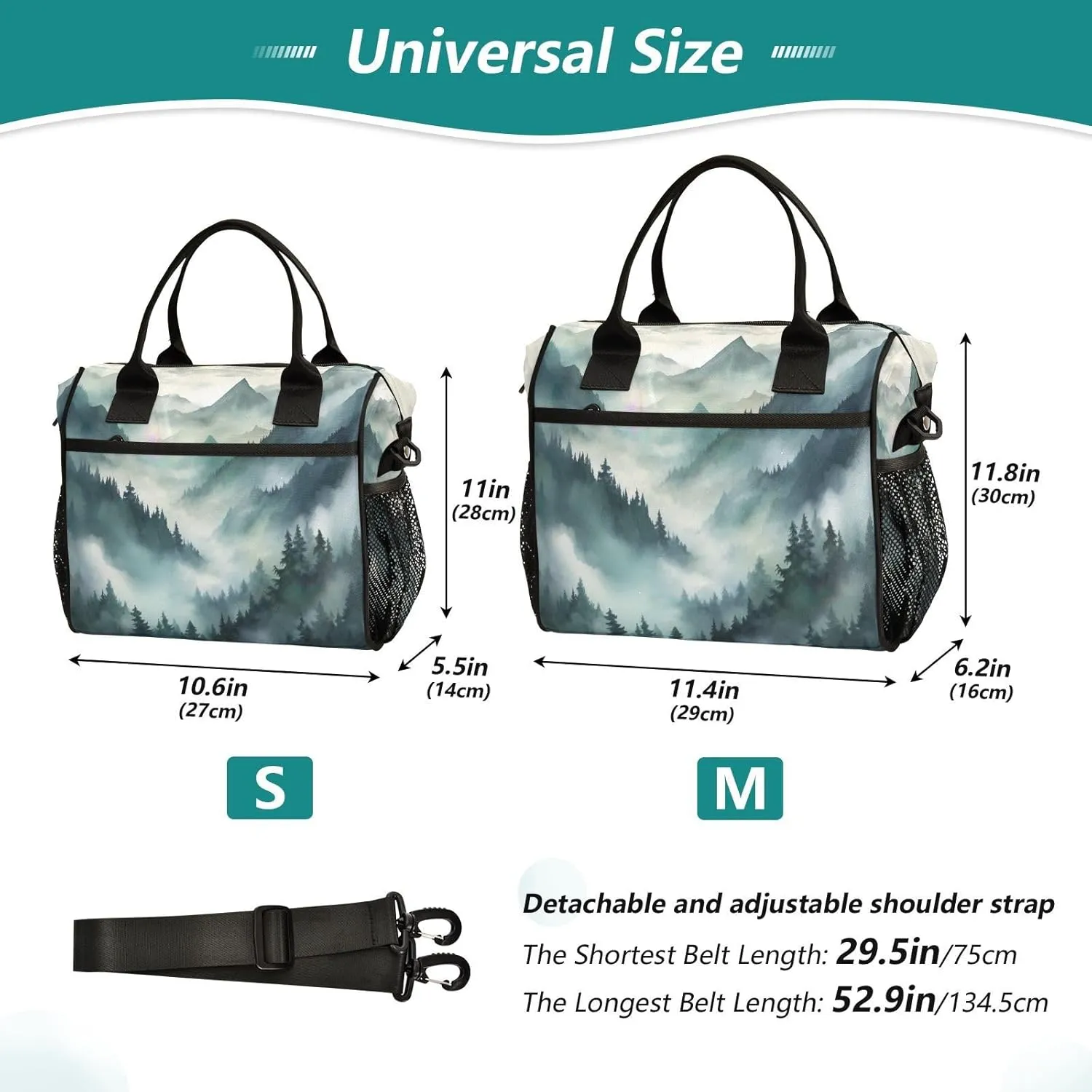 Lunch Bags Misty Forest Insulated Reusable Lunch Box Large Leakproof Adult Lunch Cooler Bag with Adjustable Shoulder Strap for Picnic, Work, Camping,Medium