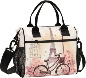 Lunch Bags Romantic Paris Pattern Insulated Reusable Lunch Box Large Leakproof Adult Lunch Cooler Bag with Adjustable Shoulder Strap for Picnic, Work, Camping,Medium