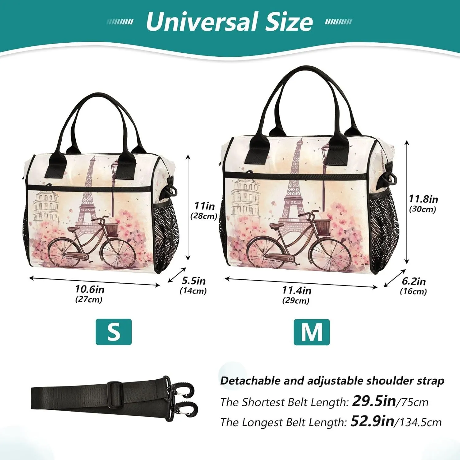 Lunch Bags Romantic Paris Pattern Insulated Reusable Lunch Box Large Leakproof Adult Lunch Cooler Bag with Adjustable Shoulder Strap for Picnic, Work, Camping,Medium