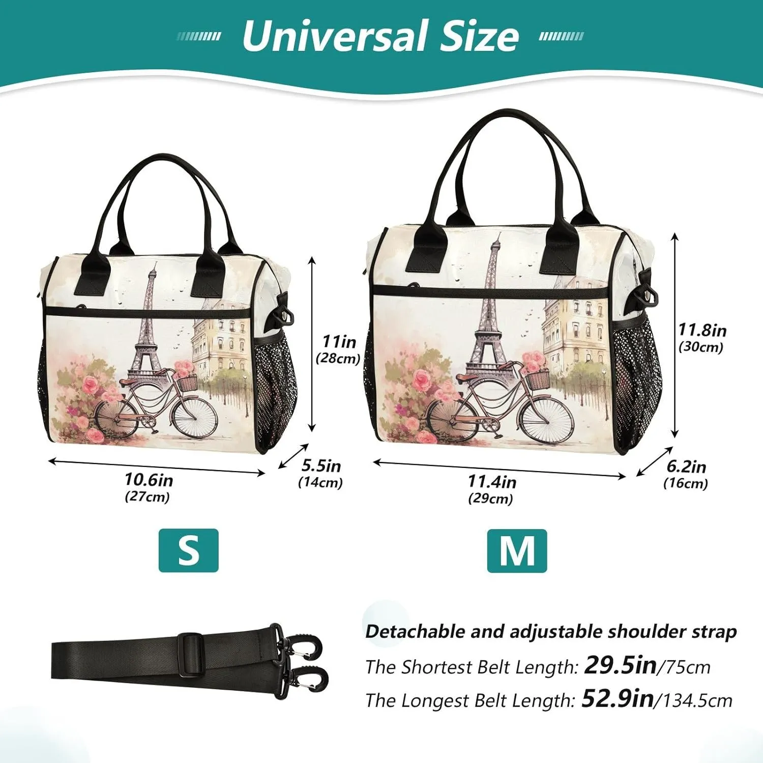 Lunch Bags Romantic Paris Pattern Insulated Reusable Lunch Box Large Leakproof Adult Lunch Cooler Bag with Adjustable Shoulder Strap for Picnic, Work, Camping,Medium