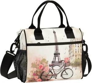 Lunch Bags Romantic Paris Pattern Insulated Reusable Lunch Box Large Leakproof Adult Lunch Cooler Bag with Adjustable Shoulder Strap for Picnic, Work, Camping,Medium