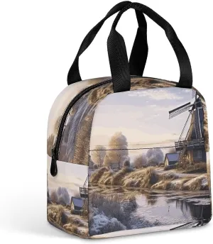 Lunch Box Landscape with A Traditional Windmill Lunch Bags for Women Men Reusable Lunchbox Leakproof Tote Bag for Office Work Picnic Hiking