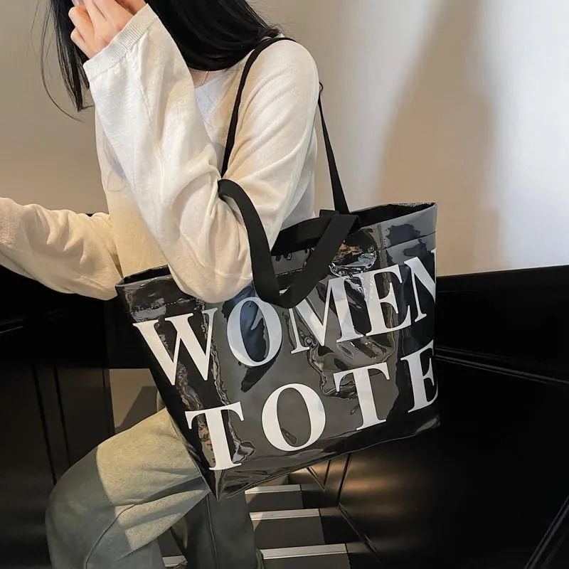 Lushandy Tote Bag for Women Large PVC Tote Bag with Shoulder Strap Trendy Womens Letters Print Tote Bag Shiny Hobo Handbag