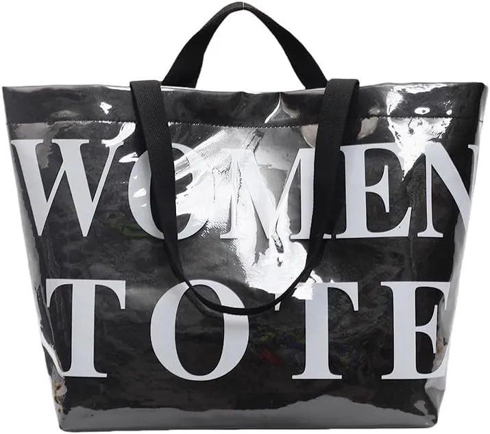 Lushandy Tote Bag for Women Large PVC Tote Bag with Shoulder Strap Trendy Womens Letters Print Tote Bag Shiny Hobo Handbag