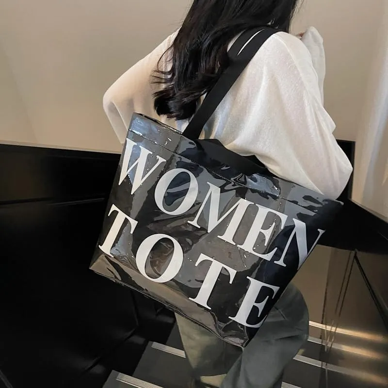 Lushandy Tote Bag for Women Large PVC Tote Bag with Shoulder Strap Trendy Womens Letters Print Tote Bag Shiny Hobo Handbag