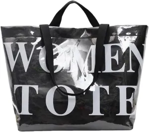 Lushandy Tote Bag for Women Large PVC Tote Bag with Shoulder Strap Trendy Womens Letters Print Tote Bag Shiny Hobo Handbag