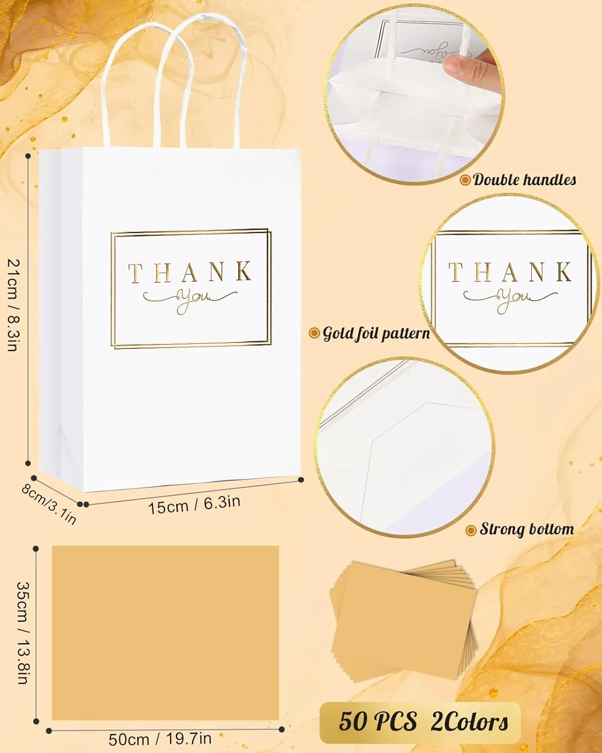 LWBDD 50 Pack Thank You Gift Bags-Small White Thank You Gift Bags With Handles & Tissue Paper Bulk for Wedding, Baby Shower, Business, Shopping, Wedding Favor Bags, Birthday, Hotel Guests