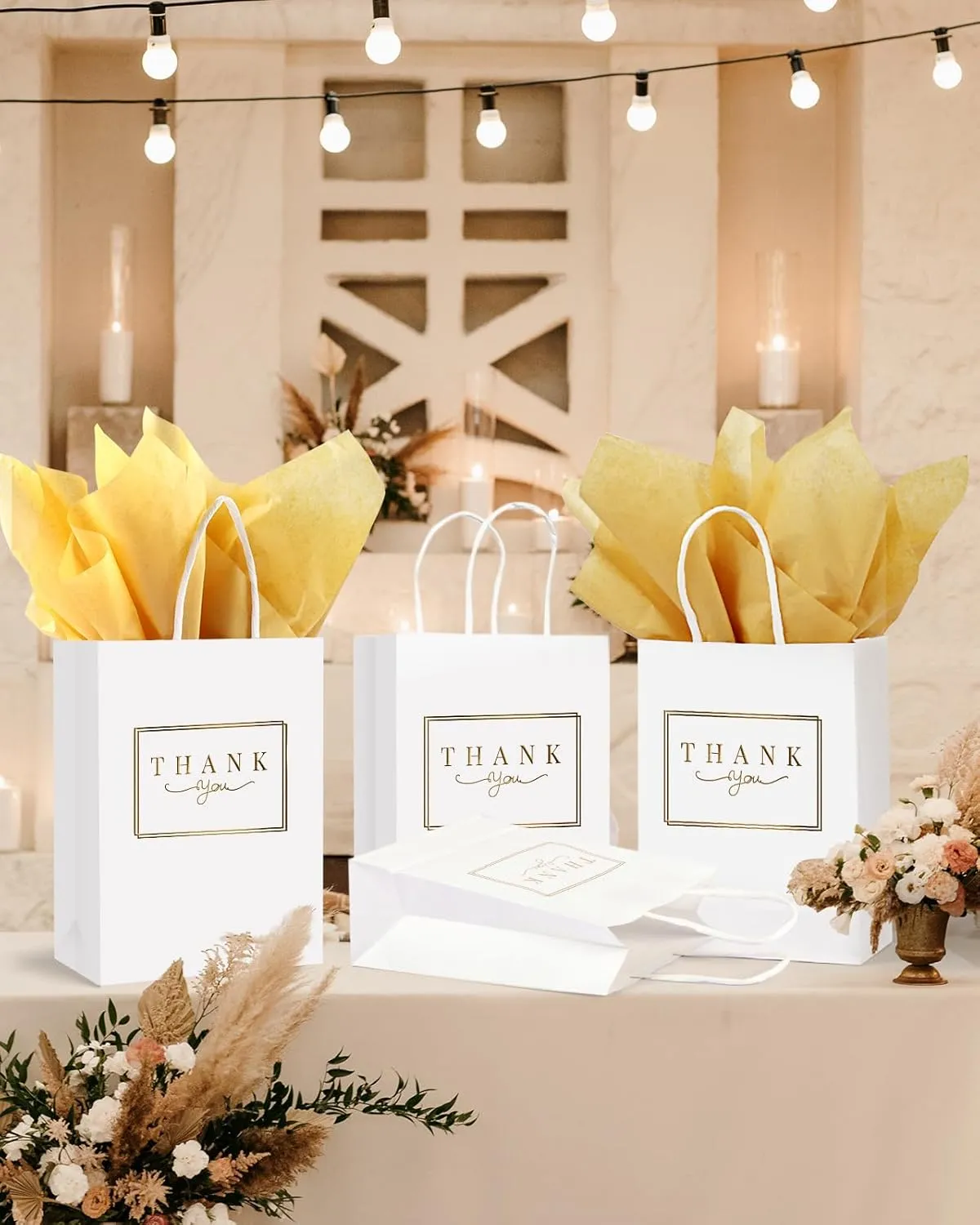 LWBDD 50 Pack Thank You Gift Bags-Small White Thank You Gift Bags With Handles & Tissue Paper Bulk for Wedding, Baby Shower, Business, Shopping, Wedding Favor Bags, Birthday, Hotel Guests