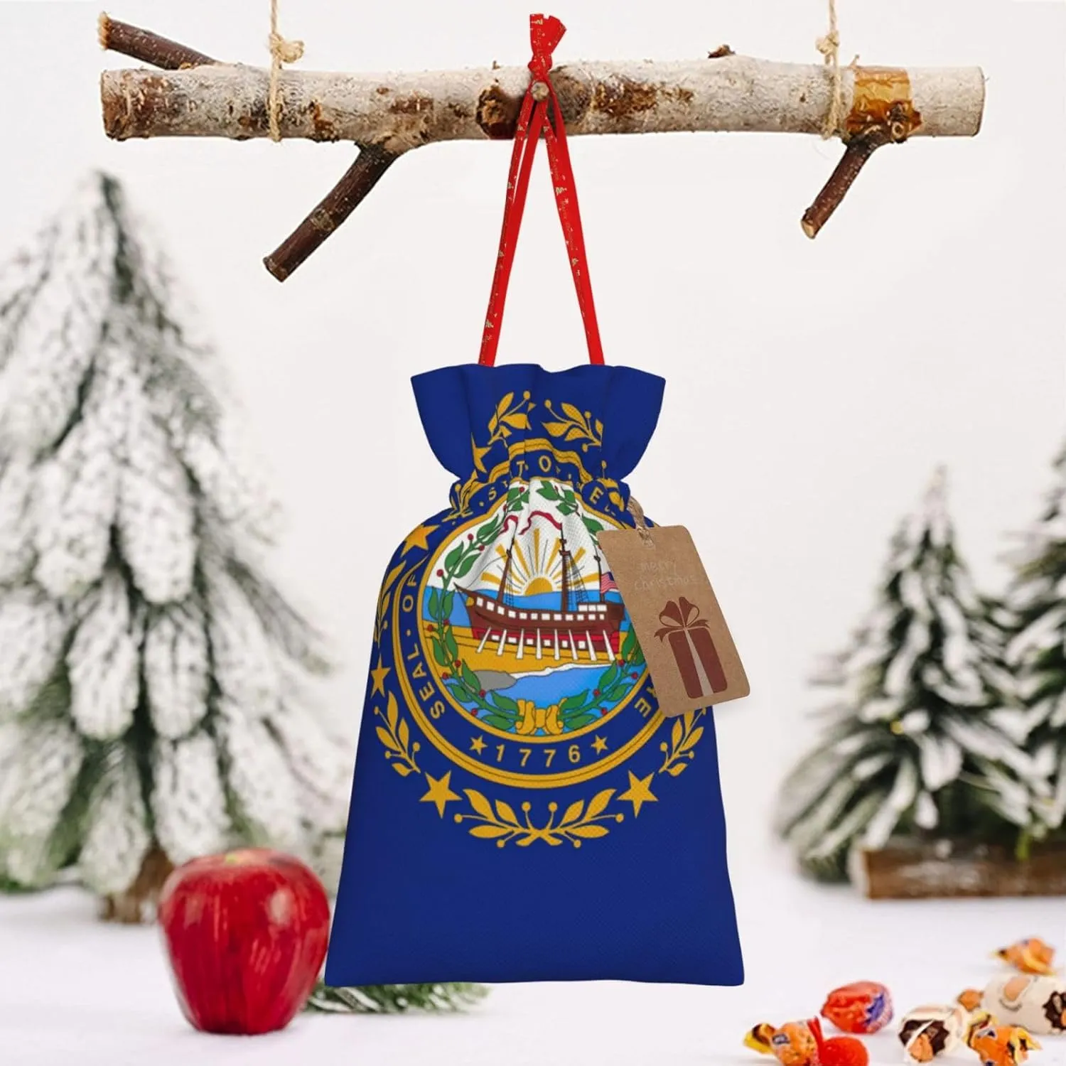 LXqlSS New Hampshire state flag print Burlap Bag,Christmas Gift Bag with Drawstrings and Gift Tag Wedding Christmas Party Favors