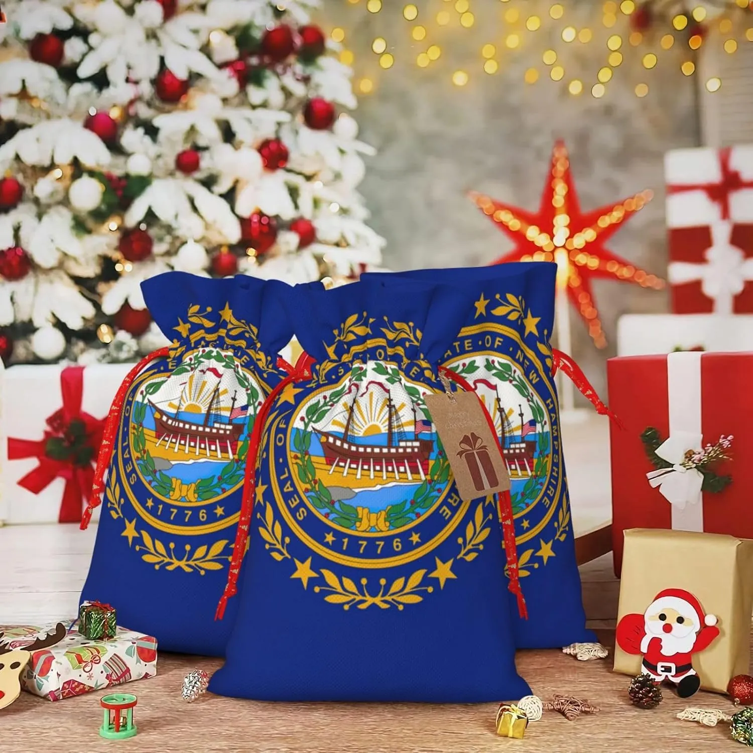 LXqlSS New Hampshire state flag print Burlap Bag,Christmas Gift Bag with Drawstrings and Gift Tag Wedding Christmas Party Favors