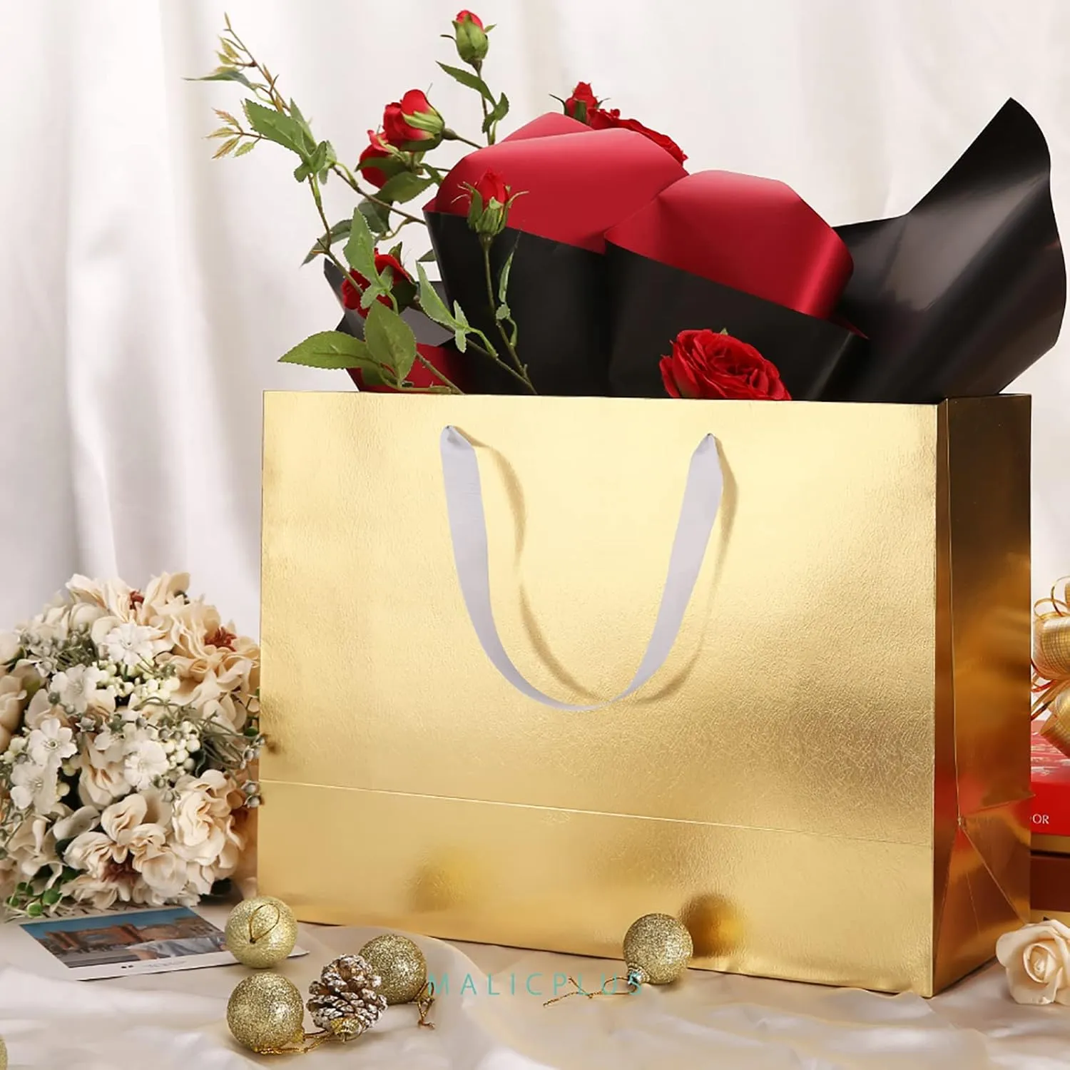 MALICPLUS 4 Extra Large Gift Bags 16x6x12 Inches, Luxury Gold Large Gift Bags with Handles for All Occasions (Gold with Grass Texture)