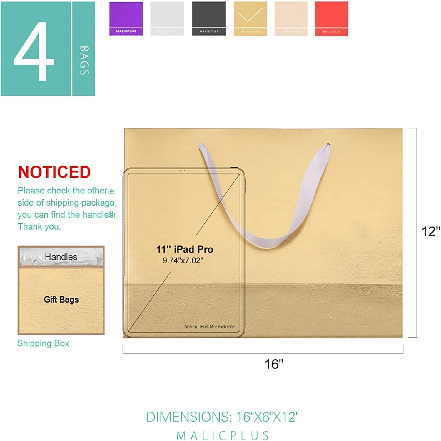MALICPLUS 4 Extra Large Gift Bags 16x6x12 Inches, Luxury Gold Large Gift Bags with Handles for All Occasions (Gold with Grass Texture)
