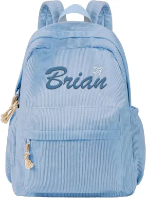 MATONGO Personalized Corduroy Backpack for Women with Embroidery Name, Custom Casual Backpack for School Travel Work, ​Laptop Backpack, Back to School Gifts, Blue Schoolbag for Boys Girls Kids