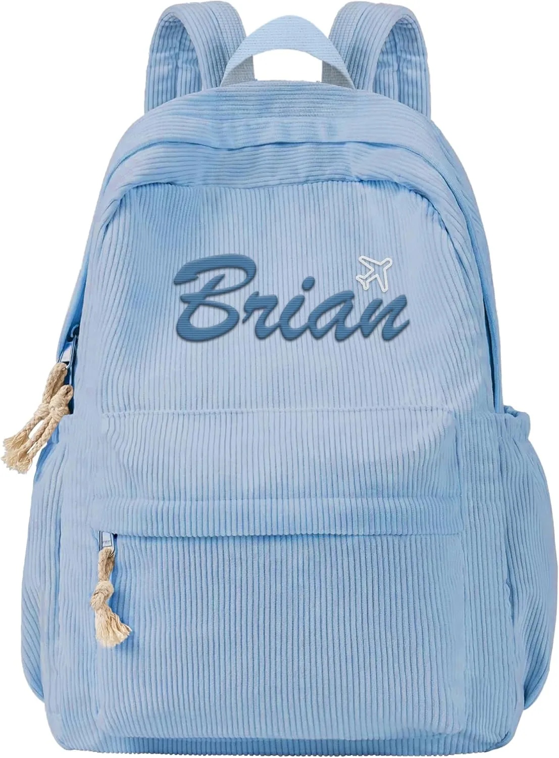 MATONGO Personalized Corduroy Backpack for Women with Embroidery Name, Custom Casual Backpack for School Travel Work, ​Laptop Backpack, Back to School Gifts, Blue Schoolbag for Boys Girls Kids