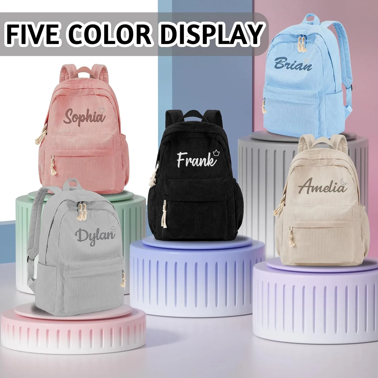 MATONGO Personalized Corduroy Backpack for Women with Embroidery Name, Custom Casual Backpack for School Travel Work, ​Laptop Backpack, Back to School Gifts, Blue Schoolbag for Boys Girls Kids