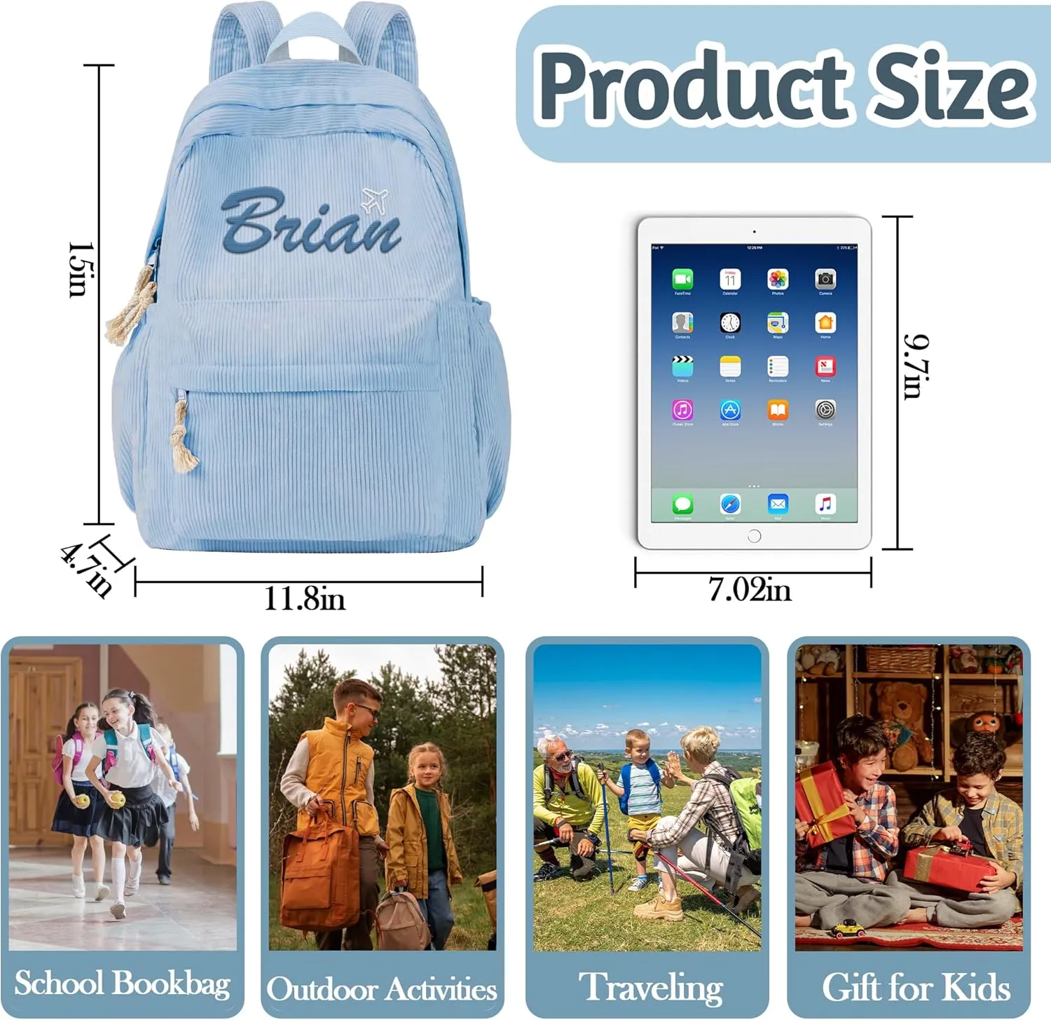 MATONGO Personalized Corduroy Backpack for Women with Embroidery Name, Custom Casual Backpack for School Travel Work, ​Laptop Backpack, Back to School Gifts, Blue Schoolbag for Boys Girls Kids