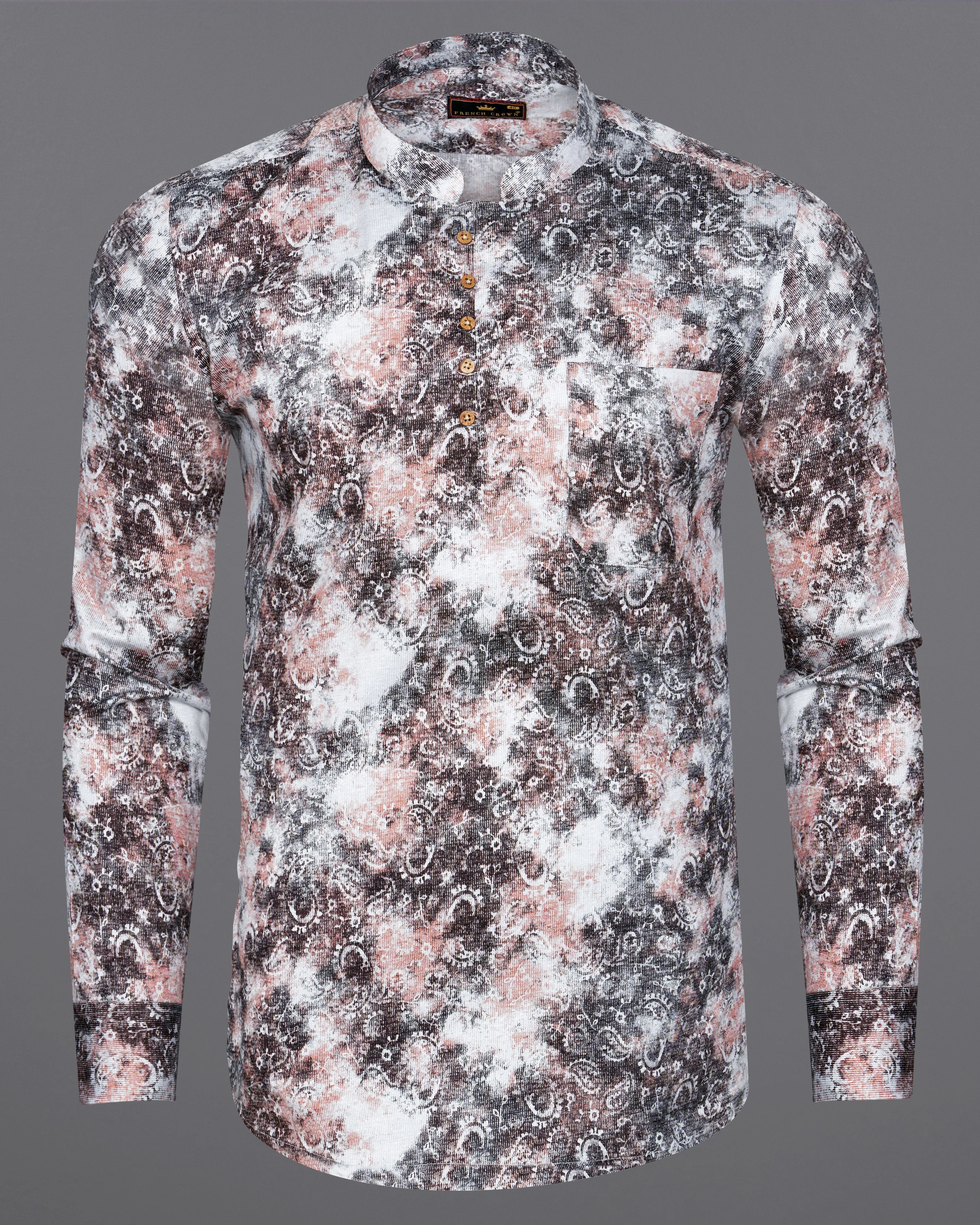 Matterhorn Brown with Cashmere Pink and White Paisley Printed Super Soft Premium Cotton Kurta Shirt