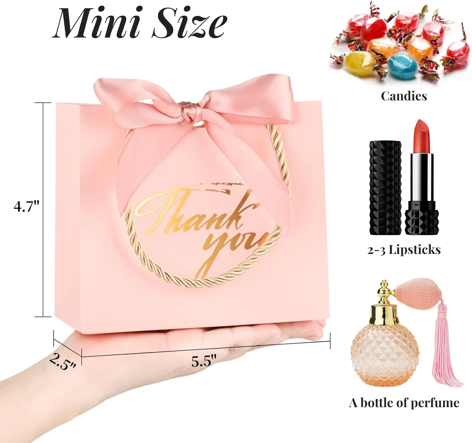Mauproy 20 Pack Small Thank You Gift Bags with Handles, 5.5''x 2.5''x 4.7'' Mini Paper Gift Bags with Ribbons Party Favor Bags for Wedding Baby Shower Bridal Shower Mother's Day (Pink)