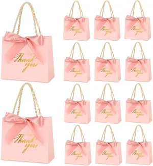 Mauproy 20 Pack Small Thank You Gift Bags with Handles, 5.5''x 2.5''x 4.7'' Mini Paper Gift Bags with Ribbons Party Favor Bags for Wedding Baby Shower Bridal Shower Mother's Day (Pink)