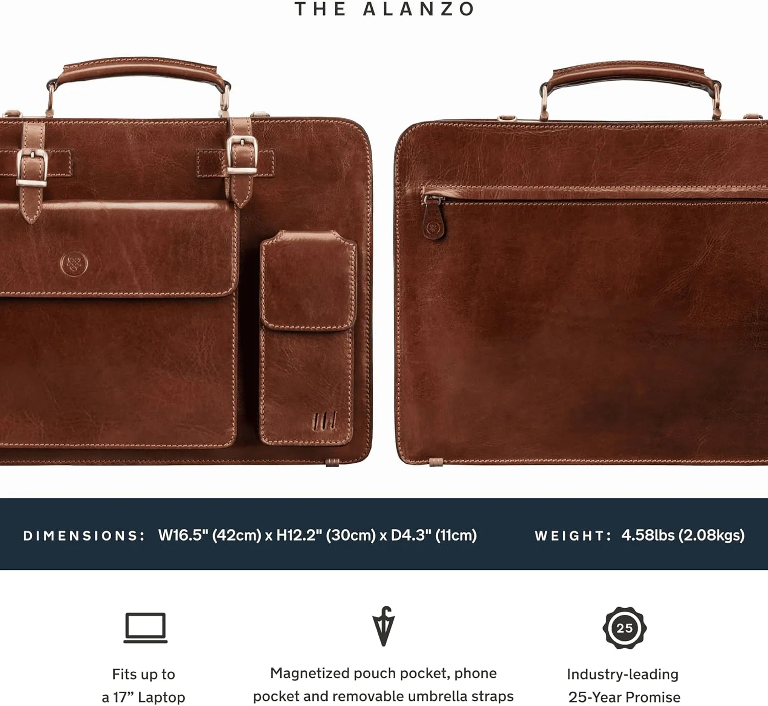 Maxwell Scott - Mens Luxury Italian Leather Large Square Briefcase - Zip Closure - Handmade in Italy - The Alanzo