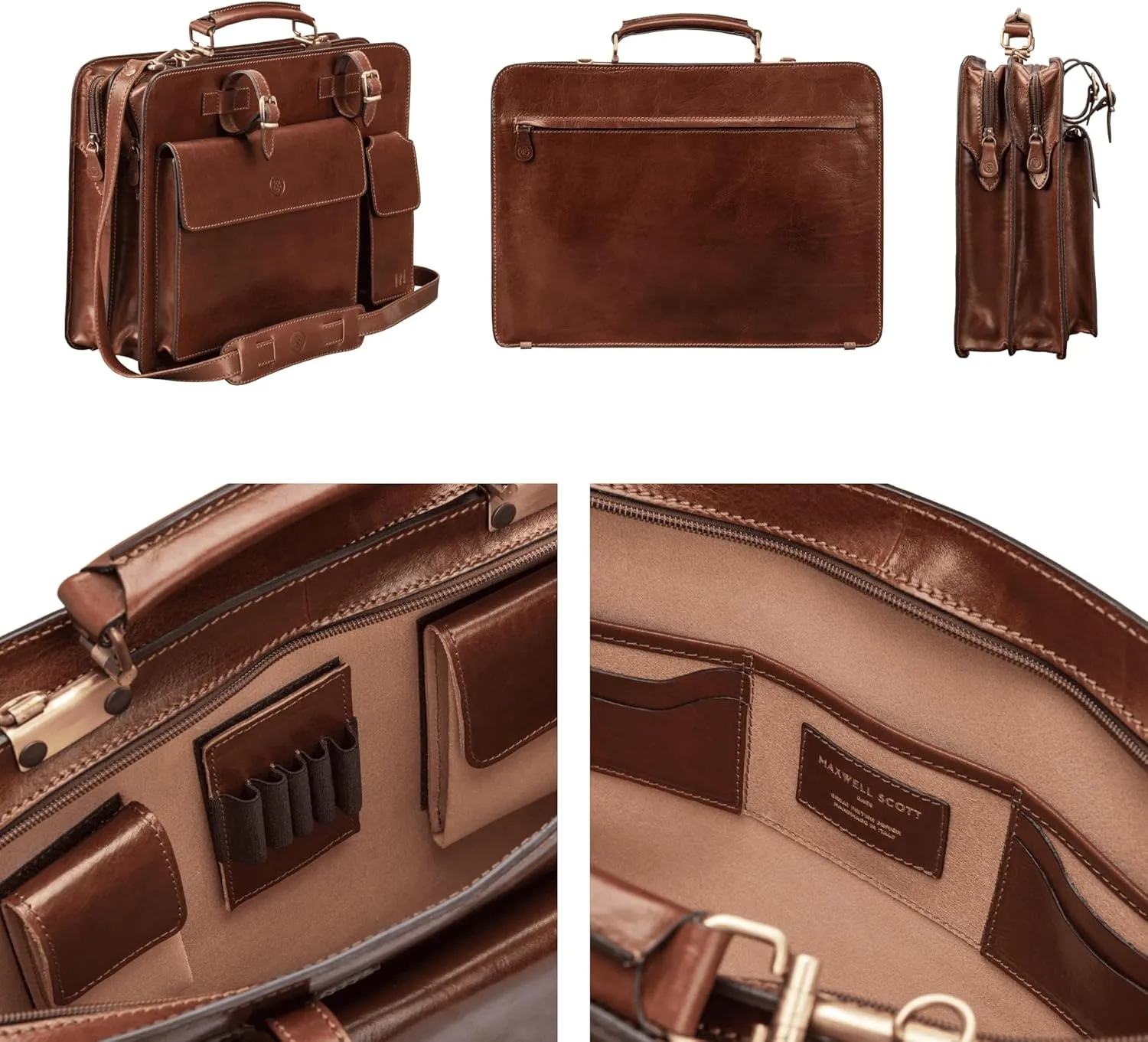 Maxwell Scott - Mens Luxury Italian Leather Large Square Briefcase - Zip Closure - Handmade in Italy - The Alanzo