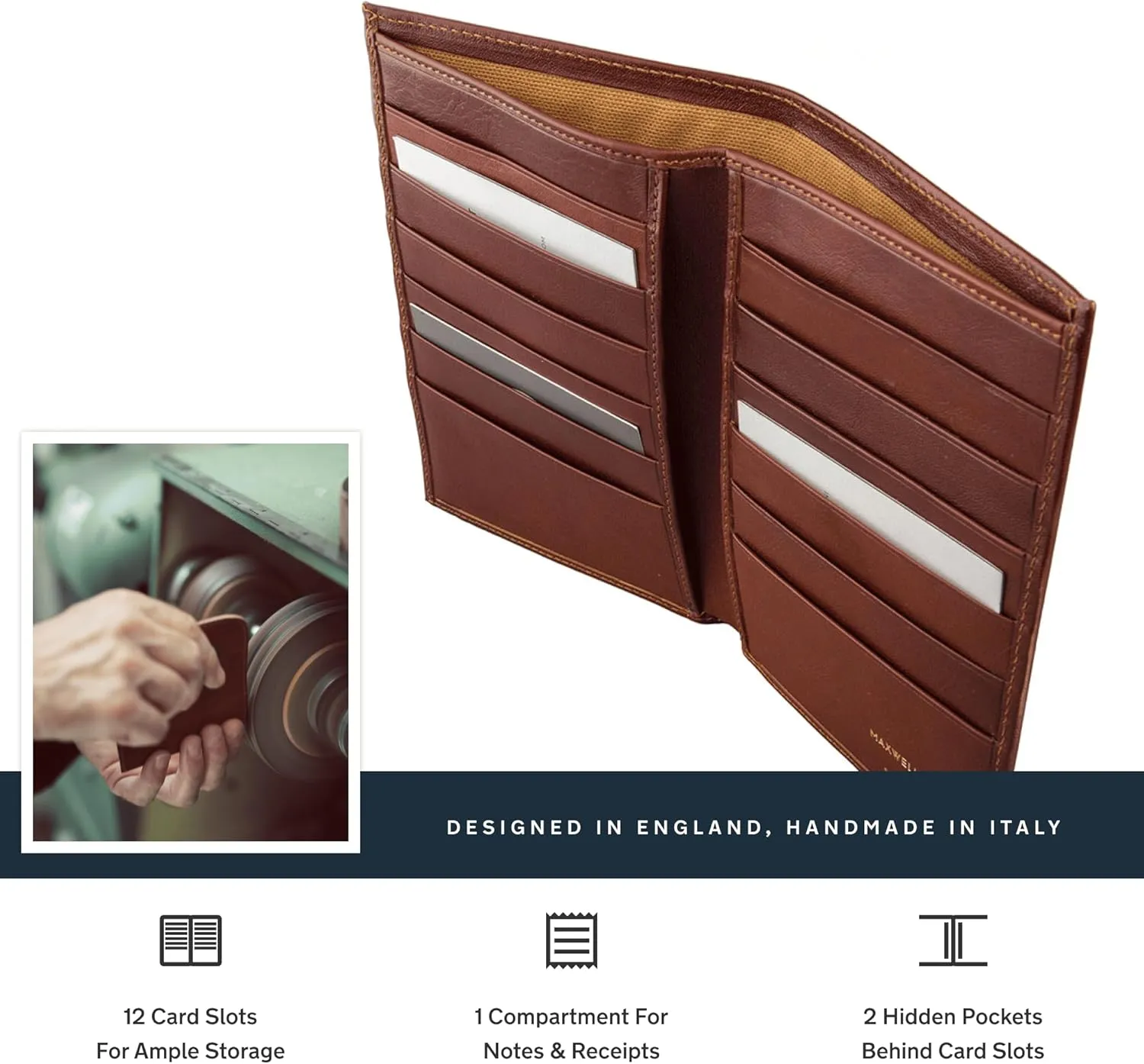 Maxwell Scott - Mens Luxury Leather Tall Billfold Jacket Dress Wallet for Pocket - Made in Italy - The Pianillo Chestnut Tan