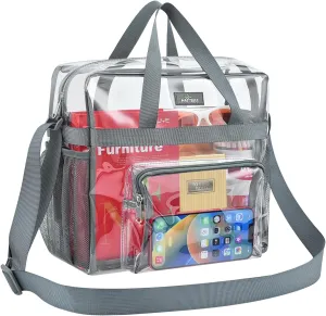 MAY TREE Clear Bag for Stadium Events 12×6×12 Clear Tote Lunch Bag with Reinforced Straps for Work and Sporting Events, Grey